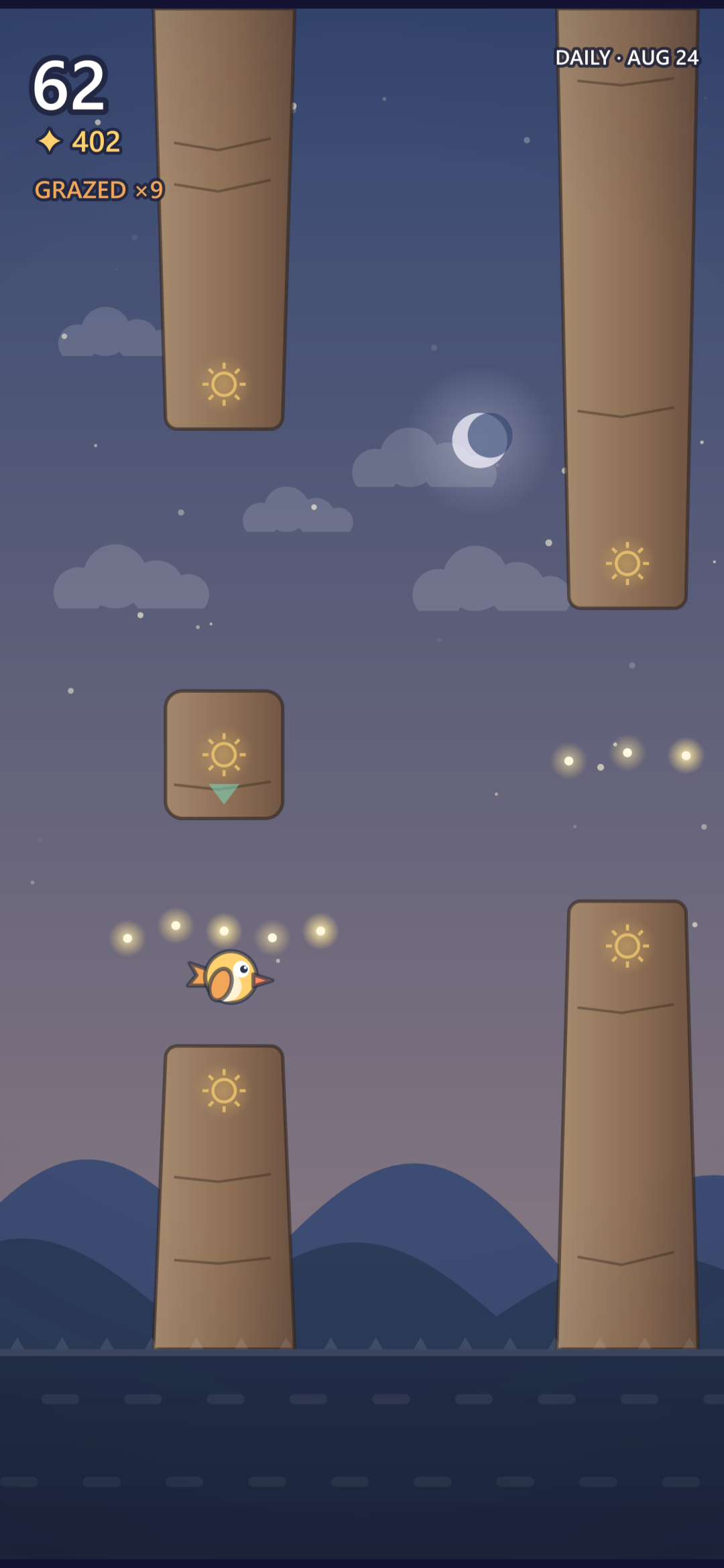 Night: sixty-two stones passed, four hundred and two fireflies, a nine-graze chain, and the carved sun glyphs glowing gold under a crescent moon.